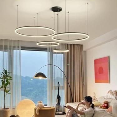 Imagem de Luz Pendente Lâmpada Da Sala De Estar Mesa De Jantar Lâmpada De Teto De Altura Ajustável Led Lustre Pingente De Estilo Moderno Com Design Elegante Regulável Com Controle Remoto Anéis Redond