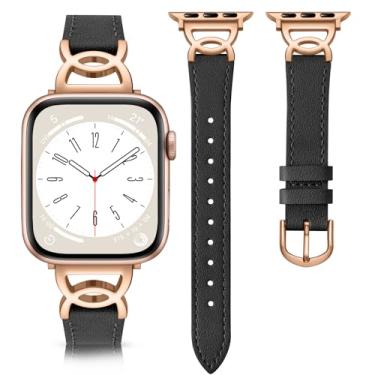 Imagem de DaQin Pulseira de couro fina compatível com Apple Watch séries 10, 9, 8, 7, 6, 5, 4, 3, 2 e 1 de 44 mm, 42 mm, 45 mm e 46 mm, preto ouro rosa