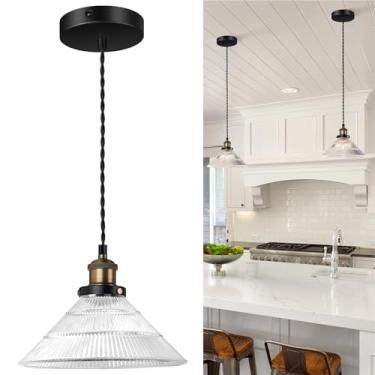 Imagem de LIGHTINN Luminárias pendentes vintage de bronze escovado com sombra de vidro listrado grande, luzes suspensas para cozinha, ilha, corredor, sala de jantar E26, sem lâmpada, 1 pacote