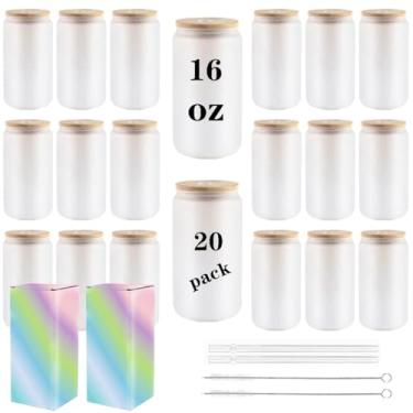 Imagem de ABBSH Copos de vidro de sublimação fosco com tampa de bambu Copos de 16 onças Copos em branco de 20 pacotes, latas de cerveja e canudos…