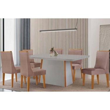 Imagem de Conjunto Sala de Jantar Tilia c/ Tampo Madeirado c/ Vidro Canto Curvo 180x90cm e 6 Cadeiras Dakota Madeira Maciça Naturale/Off White - Capuccino/Linho