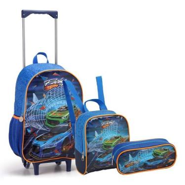 Imagem de Kit Mochila Carrinho Lancheira e Estojo Azul Kids Racing Team Seanite,