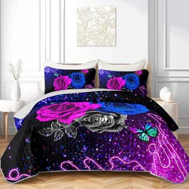 Imagem de QOOMO Conjunto de colcha de rosa vermelha, tamanho casal/Queen, conjunto de 3 colchas estampadas com flores azuis e pretas brilhantes, conjunto de colcha, microfibra macia, leve, pontos coloridos