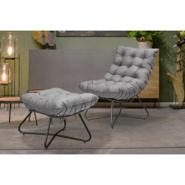 Imagem de Poltrona Costela Decorativa e Puff Eva Preto - Linho Cinza - METAL MOV