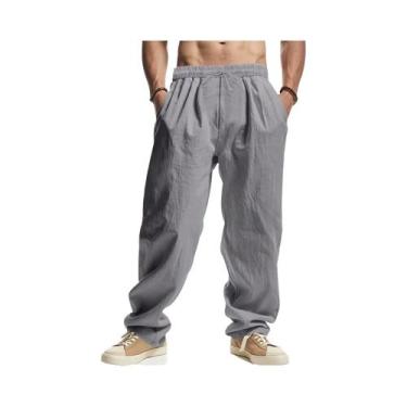 Imagem de Calças Masculinas Leves De Algodão E Linho Com Corte Reto, Respiráveis