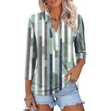 Imagem de Camisa polo feminina ZHENWEI verde listrada com manga 3/4 com decote e