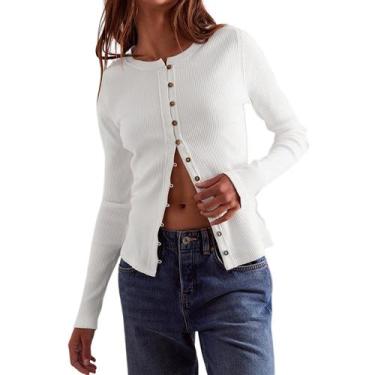 Imagem de Camisa de cardigã feminina Wefebi, justa, canelada, branca
