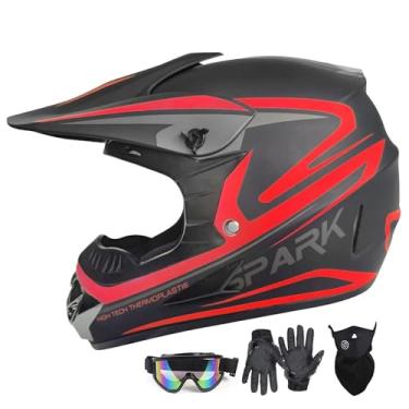 Imagem de Capacete para motocicletas juvenis e adultos, motocross, anticolisão, rosto inteiro, aprovado pelo DOT, BMX, Downhill, off-road, mountain bike, com luvas de óculos SUV (vermelho, médio)