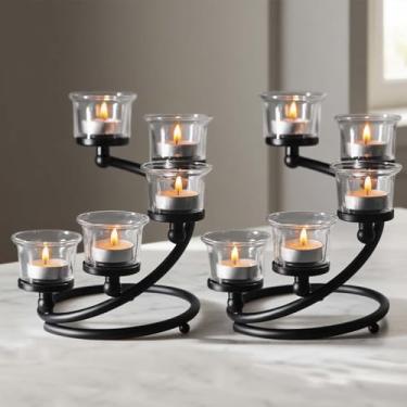 Imagem de Kolnlala 2 peças de castiçais pretos de metal e vidro com 5 braços para mesa de centro de mesa, suportes de vela votivos de vidro/castiçais de candelabro para casamento, festa, aniversário, Natal