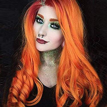 Imagem de Perucas de cabelo de fibra sintética ombré vermelho laranja vermelho laranja longo sedoso macio ondulado parte livre 150% densidade meia mão amarrada à mão fibra resistente ao calor perucas para