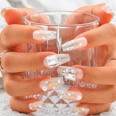 Imagem de Sethexy Pontas de unhas postiças feitas à mão com strass azul, unhas postiças com glitter, unhas postiças com design Arcylic com cola para mulheres e meninas, 10 peças (28, G)