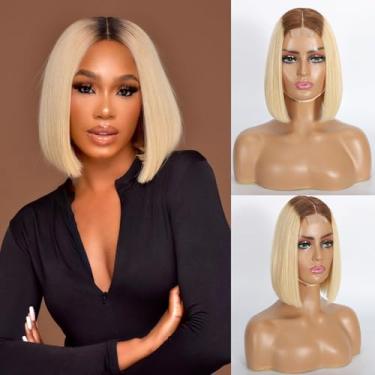 Imagem de Selina Cabelo 2x6 HD Bob Lace Front Wigs Cabelo Humano Ombre Loiro Bob Peruca Cabelo Humano P4/613 Cor Liso Pré-Arrancado com Cabelo de Bebê Cabelo Virgem Não Processado para Mulheres 25 cm