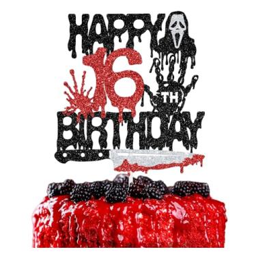 Imagem de Killer Happy 16th Birthday Cake Topper, Halloween Zombie Vampire Bloody Friday Birthday Decor, Halloween Knife Horror Themed 16 Years Old Birthday Party Decorations Supplies