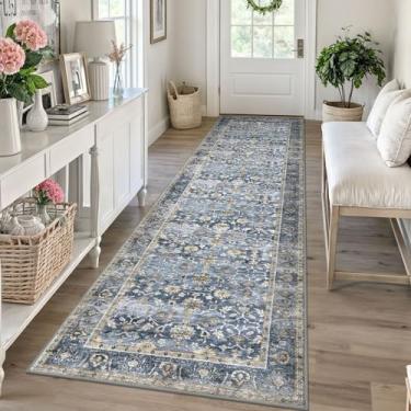 Imagem de KUTA Tapete de corredor lavável vintage, 6 x 25 cm, azul bege, para corredores, tapetes de cozinha, ultrafino, macio, estampado, oriental, desgastado, floral, tapete para lavanderia, quarto, sala de