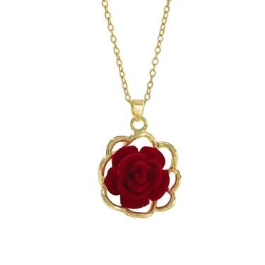 Imagem de Elegante colar de gargantilha de flor de rosa vermelha para mulheres, aço inoxidável, banhado a ouro, pingentes florais redondos, corrente ajustável, joia moderna para sua melhor amiga 45,7 cm