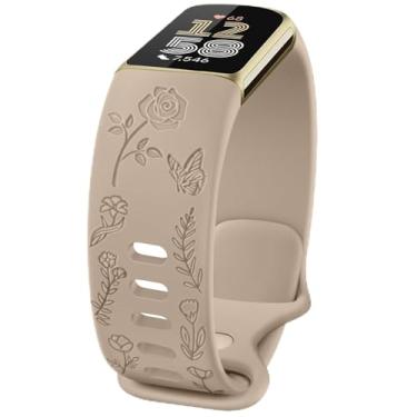 Imagem de Pulseira com gravação floral compatível com Fitbit Charge 6/5, mulheres e homens, pulseiras de substituição macias para Fitbit Charge 6/5 Advanced Fitness & Health Tracker (chá de leite)