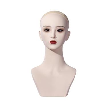 Imagem de predolo Cabeça de manequim feminina, suporte para chapéu, peruca resistente e lisa, modelo de exibição, parte superior do corpo para óculos de sol, brincos, Maquiagem Vermelha