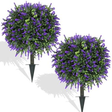 Imagem de Muhanjia Bola de topiária artificial de buxo com lavanda, conjunto de 2, arbustos artificiais resistentes a UV com espiga de solo, planta perene falsa fácil de inserir no chão para varanda externa e