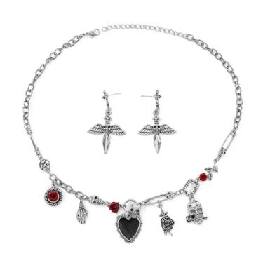 Imagem de OIDIMS Conjunto de brincos de colar gótico vintage para mulheres, pingente de coração de caveira com pingente de adaga rosa, esqueleto escuro, gargantilha de mão fantasma, pingente de gota, joia de