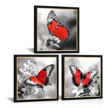 Imagem de AoArtWZ Arte de parede em tela de borboleta vermelha, casa de fazenda, flor branca, decoração de parede, impressão floral em preto e branco, arte moderna para sala de estar, moldura preta e dourada