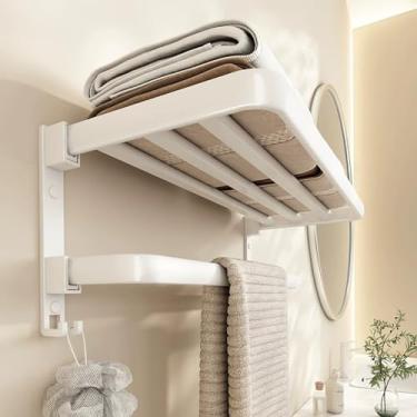 Imagem de Toalheiro dobrável de alumínio com espaço branco de 49 cm, suporte de toalha de banheiro sem perfuração com 4 ganchos, prateleira montada na parede para armazenamento