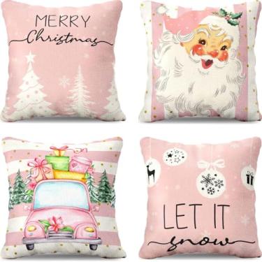 Imagem de LUVIVIHOME Capas de travesseiro de Papai Noel, capa de travesseiro rosa, presentes de caminhão de árvore de Natal, floco de neve, férias, inverno, listradas, para sofá, decoração de casa, decorações