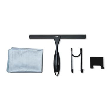 Imagem de YUNIKO Rodo de chuveiro – Aço inoxidável preto com lâmina de silicone para portas de chuveiro, janelas, espelhos, azulejos e janelas de carro – Inclui 2 ganchos adesivos, ferramenta de montagem e pano