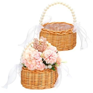 Imagem de Conjunto de 2 cestas de florista, pequena cesta de flores tecida à mão com alça de pérola, laço de fita e forro de plástico para meninas, cestas de casamento rústicas de vime de vime para decoração de