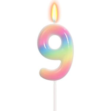 Imagem de ELekFX Vela gradiente número 9 arco-íris, topo de bolo de feliz aniversário para 9º aniversário, decorações de festa arco-íris e lembrancinhas de festa