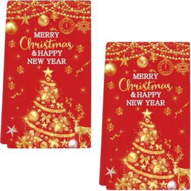 Imagem de Conjunto de 2 toalhas de mão Merry Christmas, toalha de prato de cozinha de árvore de Natal, ouro vermelho, decorativo, Natal, feliz ano novo, férias, panos de secagem à mão para banheiro, casa, hotel