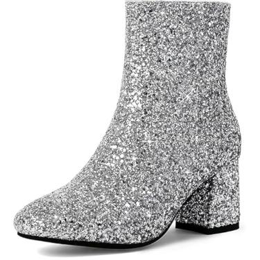 Imagem de MAVMAX Botas femininas de lantejoulas com glitter, salto grosso, botas brilhantes, Prata, 38 BR