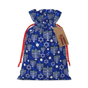 Imagem de Happy Hanukkah Bolsa de presente de Natal brilhante com menorá azul judia Chanucá estrela tecido linho cordão sacos de armazenamento de embrulho de presente médio