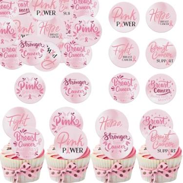 Imagem de Fyeoxle 36PCS Edible Breast Cancer Awareness Cupcake Toppers Wafer Paper Round Fight Hope Believe Breast Cancer Cupcake Picks for Breast Cancer Party Cake Decor Supplies