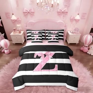 Imagem de Erosebridal Conjunto de cama solteiro com letra Z com laço rosa, 7 peças, para crianças, adolescentes, mulheres, conjunto de edredom com laço kawaii, preto e branco