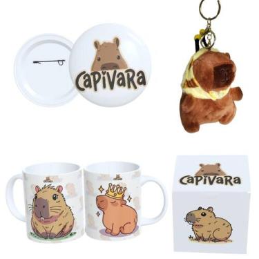 Imagem de Kit Completo Capivara  Caneca Estampada, Botton 4,4cm, Pelúcia de Capi