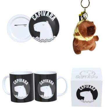 Imagem de Kit Completo Capivara  Caneca Estampada, Botton 4,4cm, Pelúcia de Capi