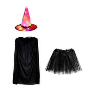 Imagem de Fantasia De Bruxa C/ Chapéu Led Laranja Capa S/ Preta e Saia Preta 35 Cm Halloween Festas