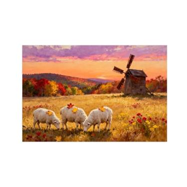 Imagem de Quadro parede outono-Árvore ovelhas prado Impressões em tela paisagens-Pintura animais para sala estar decoração fazenda 20x30cm Sem Moldura