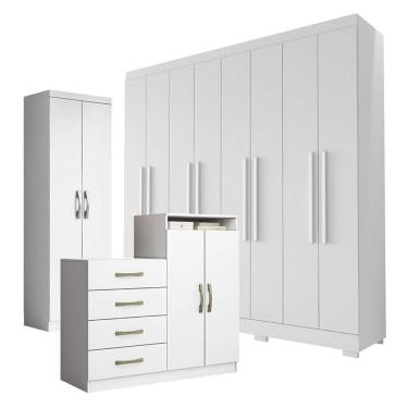 Imagem de Guarda Roupa Casal Porto 8 Portas 4 Gavetas com Cômoda Sapateira Londres e Armario Multiuso 2 portas New Branco Brilho - Aramóveis
