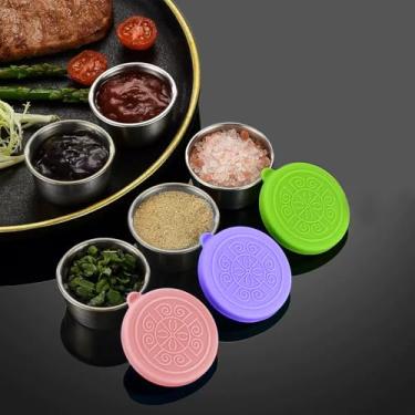 Imagem de 3 recipientes de aço inoxidável para salgadinhos para molho de salada com tampas de silicone, fácil abertura, à prova de vazamento, reutilizável (MIX1)
