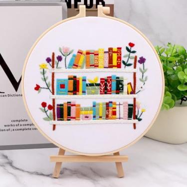 Imagem de Kit de bordado para iniciantes, kits de bordado para adultos com estante estampada, kit de ponto cruz para iniciantes para adultos, ponto de cruz faça você mesmo com aro, agulhas estampadas