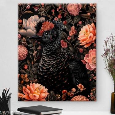 Imagem de Arte de parede em tela floral vintage pássaro preto escuro Academia impressão artística pintura estética imagem para casa casa fazenda quarto sala de estar decoração de parede 20 x 25 centímetros
