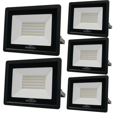 Imagem de Kit 5 Refletor de Led Slim 50W Prova Dágua Preto Bivolt 3000K Quente