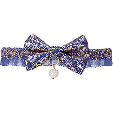 Imagem de Blueberry Pet Gargantilha de renda com estampa dourada Lucky Clouds Breakaway em azul com gravata borboleta e pérola feita à mão, coleira elástica de segurança para gatos, pescoço 21,6 a 30,5 cm