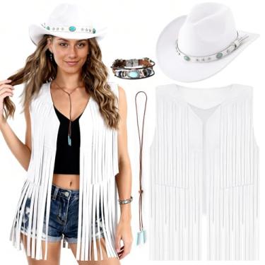 Imagem de PARTTELY Roupas femininas ocidentais de vaqueira, colete de cowgirl, boho, chapéu de caubói, colete com franjas para cosplay de Halloween, Branco, 3G