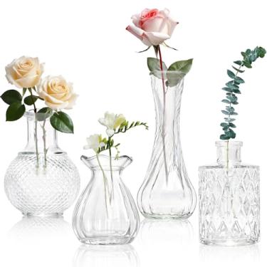 Imagem de Conjunto de 4 pequenos vasos de vidro para flores, pequenos vasos de flores transparentes vintage para centros de mesa de casamento, mini vasos a granel para arranjos florais para decoração de mesa