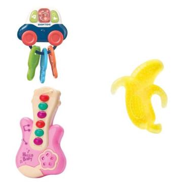 Imagem de Kit De Chocalho Para Bebê De Carrinho Musical Guitarra Com 6 Sons e Mo