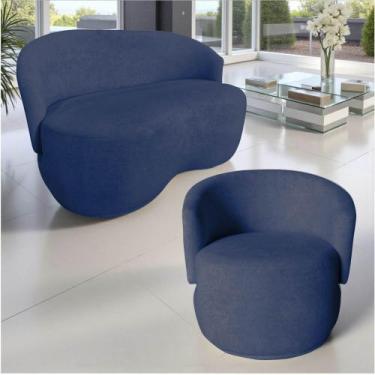 Imagem de Kit Namoradeira + Poltrona Decorativa Beatriz Orgânica Suede Azul Mari