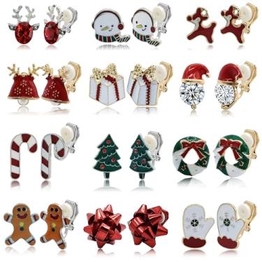 Imagem de VGGAEELY 12 pares de brincos de clipe de Natal fofos árvore de boneco de neve luvas de alce sinos meias Papai Noel conjunto de brincos festivos, Borracha, Zircônia cúbica