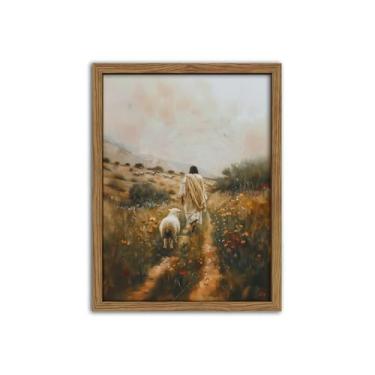 Imagem de Jesus Leaves the 99 Sheep Canvas Wall Art Christian Wall Decor Picture Jesus and Lamb Painting The Lost Sheep Poster Prints for Living Room Church Prayer Home Decor 61 x 91 cm Moldura de madeira